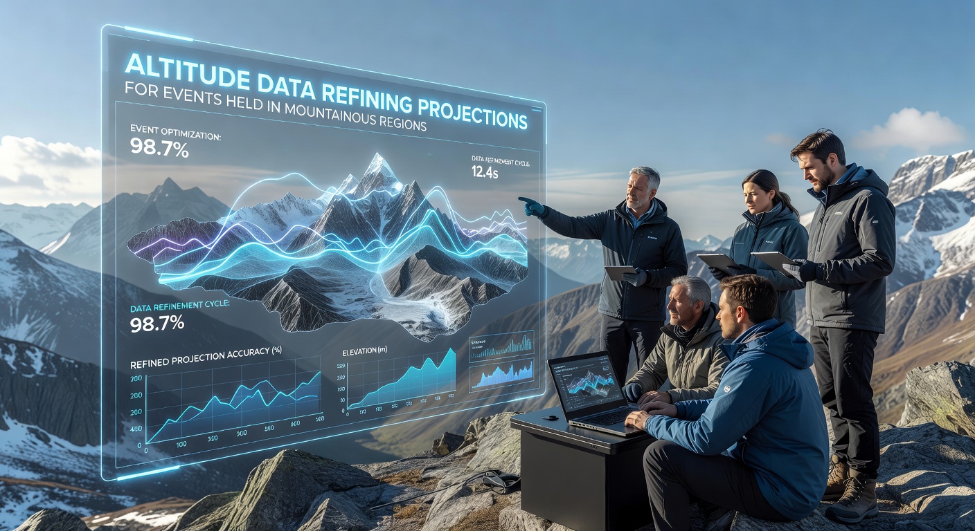 Event planners reviewing layered altitude projection charts on digital interfaces during a mountainous venue assessment