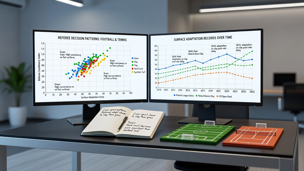 Data visualization comparing referee card patterns in football with tennis player surface win rates