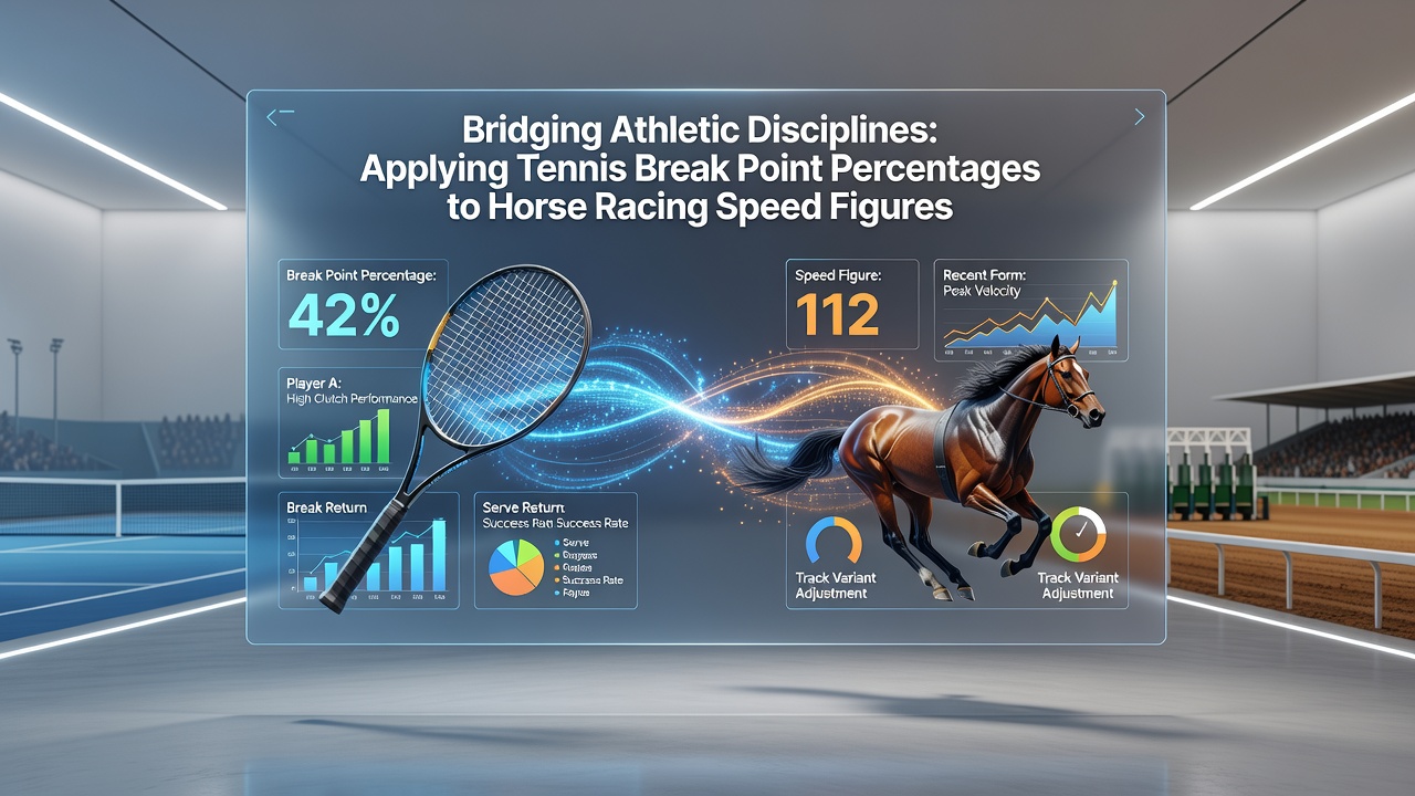 Data visualization overlay showing tennis break point conversion charts next to horse racing speed figure graphs