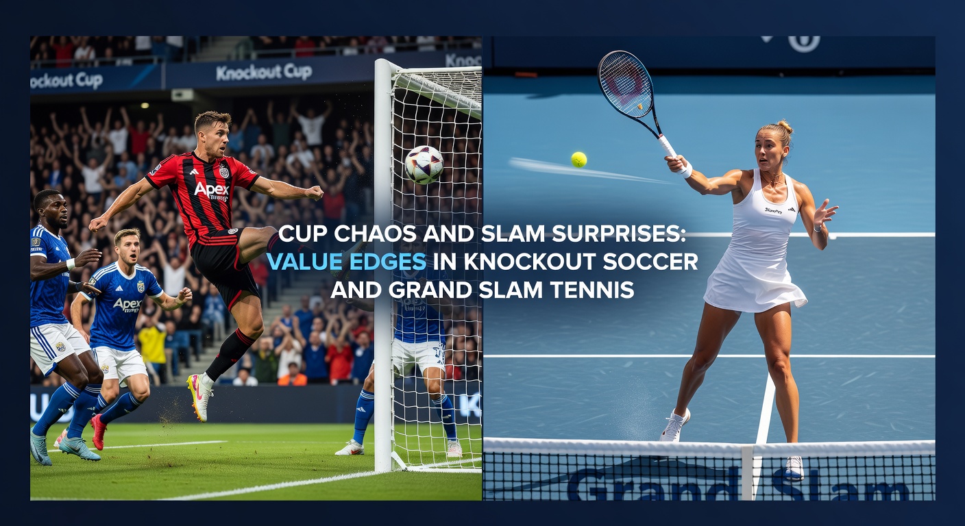 A dramatic soccer cup upset scene with underdogs celebrating amid chaos on the pitch, overlaid with tennis players in a Grand Slam showdown