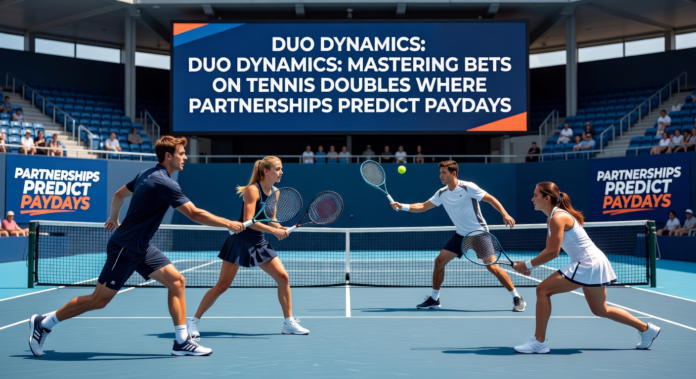 A doubles team celebrating a point with a high-five at the net, sweat glistening under stadium lights during a nighttime ATP tournament match