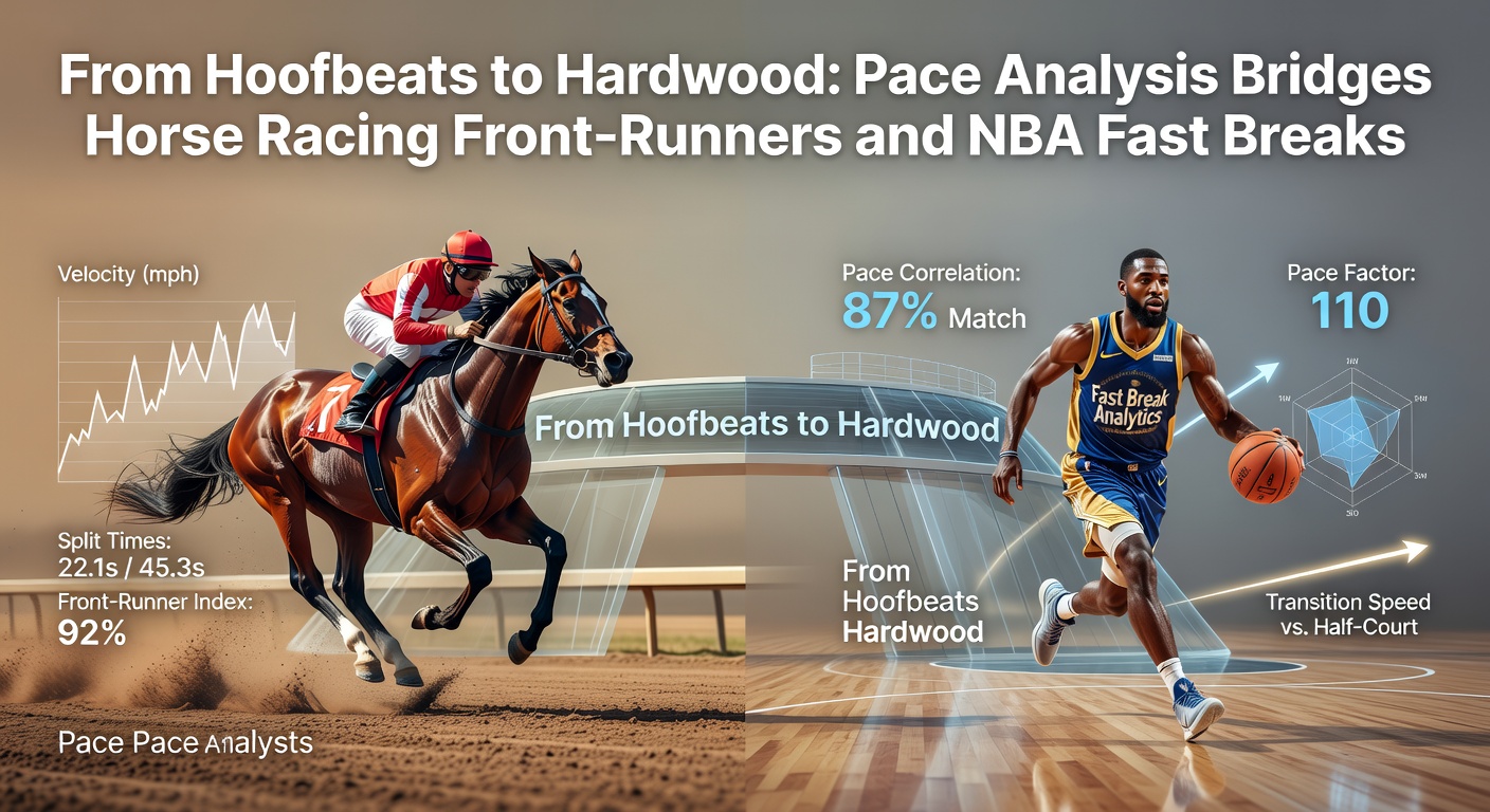 A front-running horse surges ahead on the track while an NBA player races downcourt in a fast break, illustrating pace parallels between racing and basketball