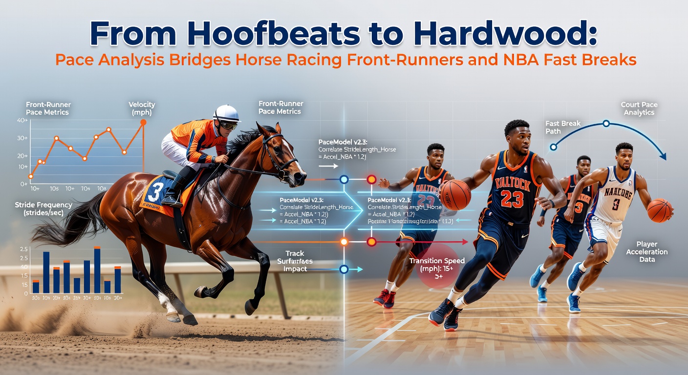 NBA fast break in motion with a defender trailing, contrasted against a horse racing pace chart overlay highlighting early speed dominance