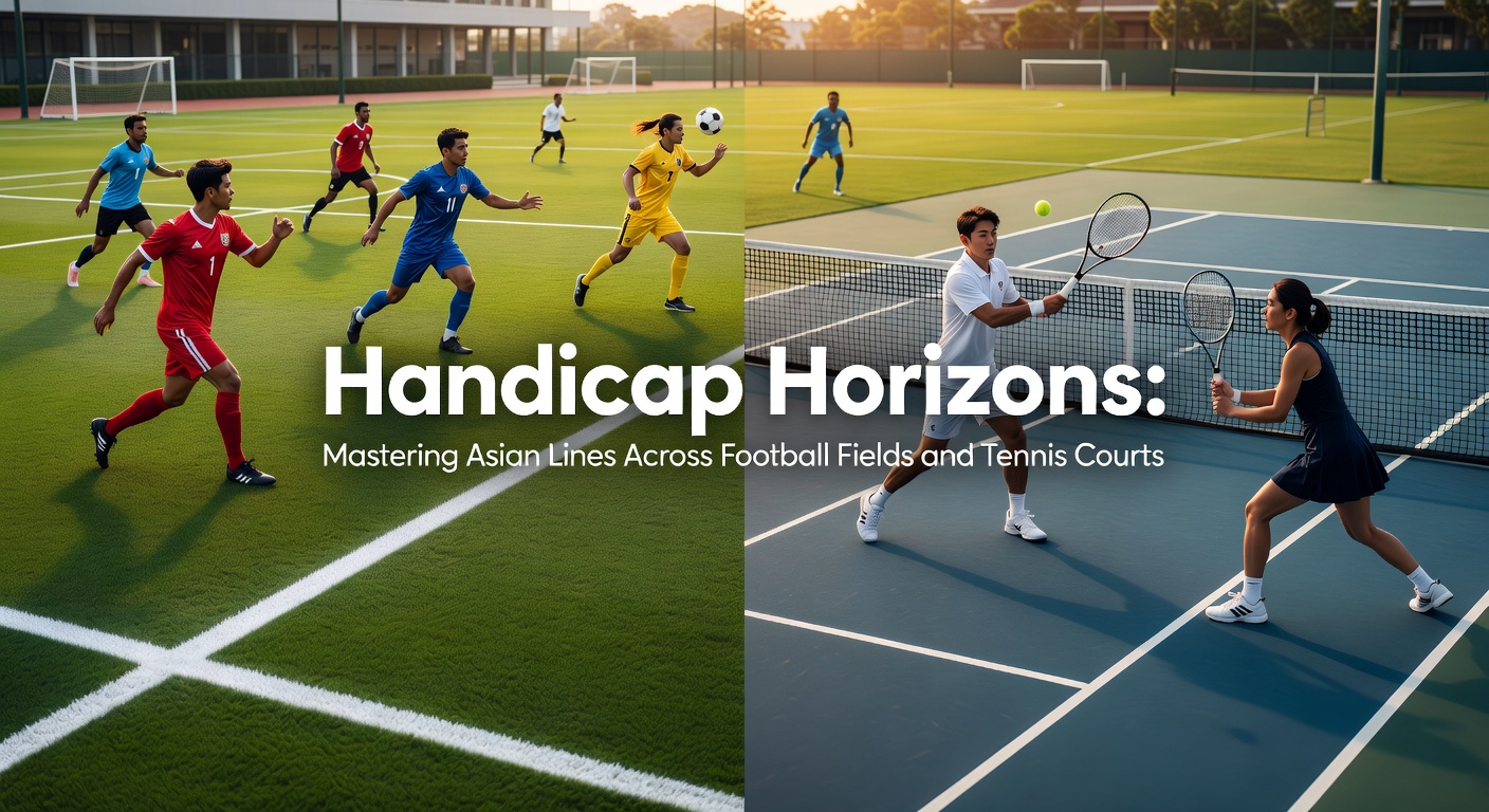 Soccer players battling on a rain-slicked pitch under floodlights, with digital overlay showing Asian handicap lines in action