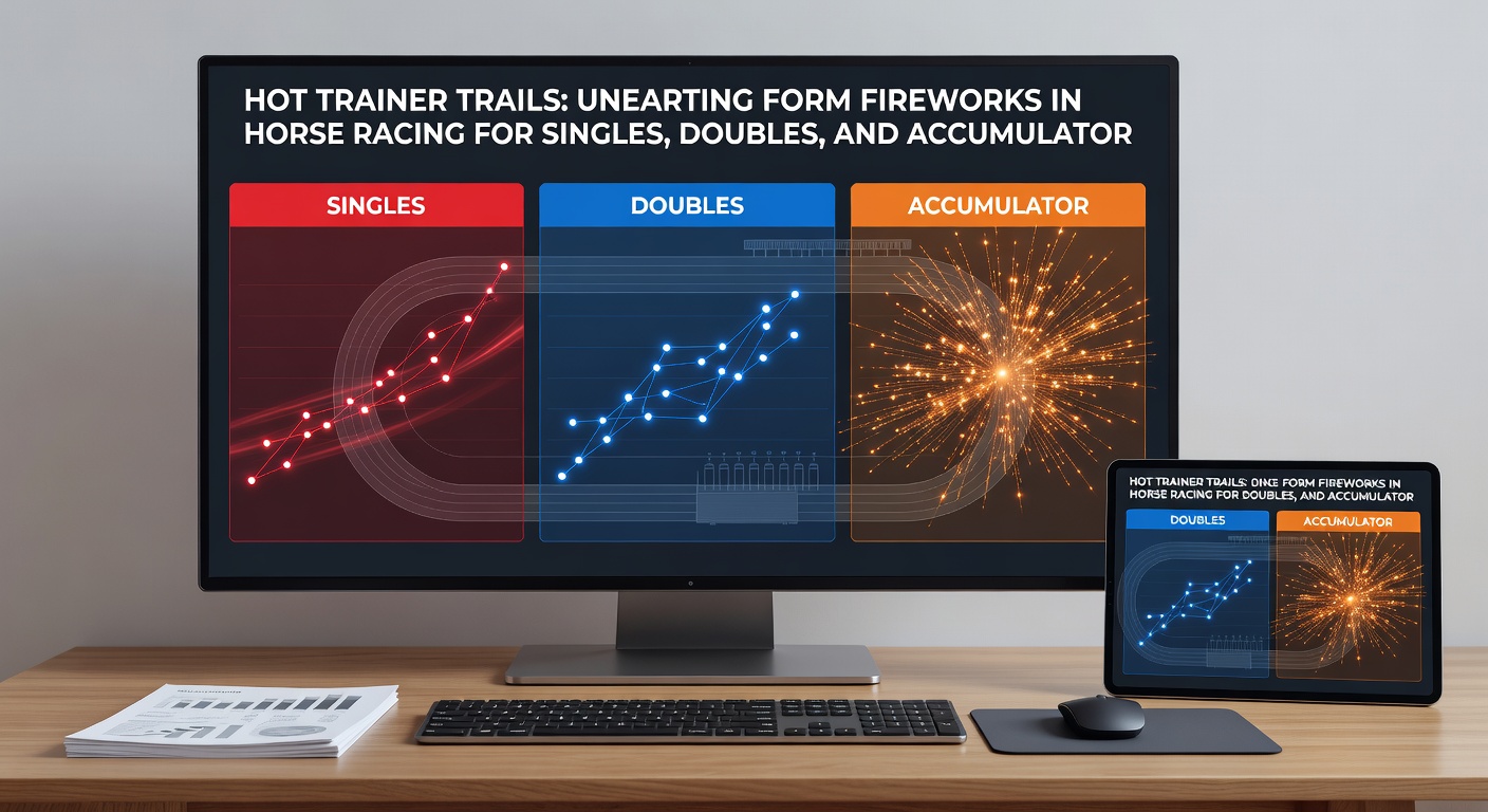 Close-up of a trainer high-fiving jockey post-race victory, with the horse in the background adorned in silks, capturing the thrill of a hot streak payoff amid sunny track conditions