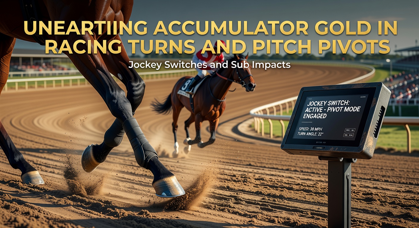 Horse racing jockey switching positions during a tight turn on a dirt track, highlighting dynamic race strategy