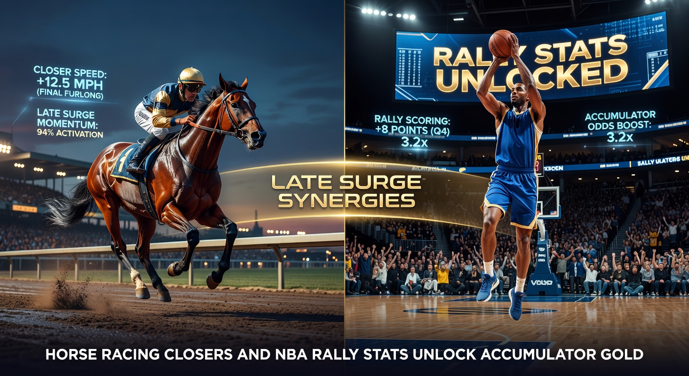 A horse surging late in a tight race, neck and neck with the leader under the wire, capturing the thrill of a closer's finish
