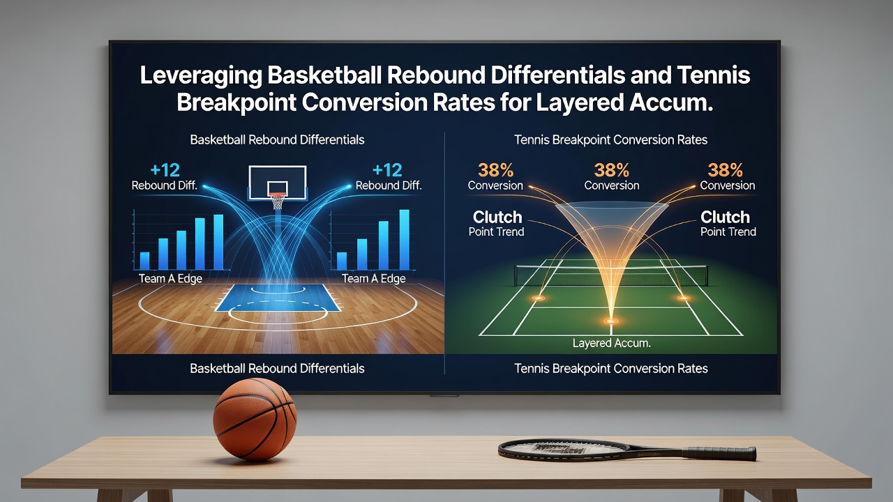 Split view showing basketball rebound battle and tennis player converting a breakpoint