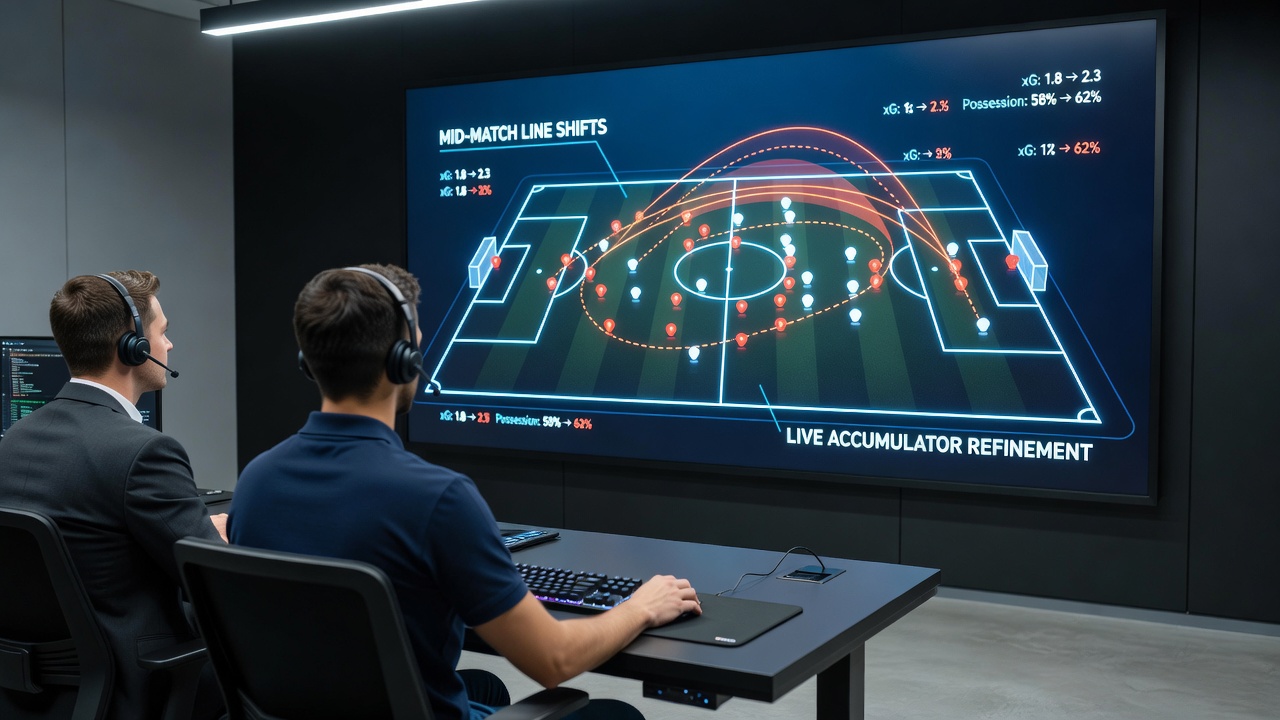 Analyst reviewing multiple live football matches and odds charts on dual monitors