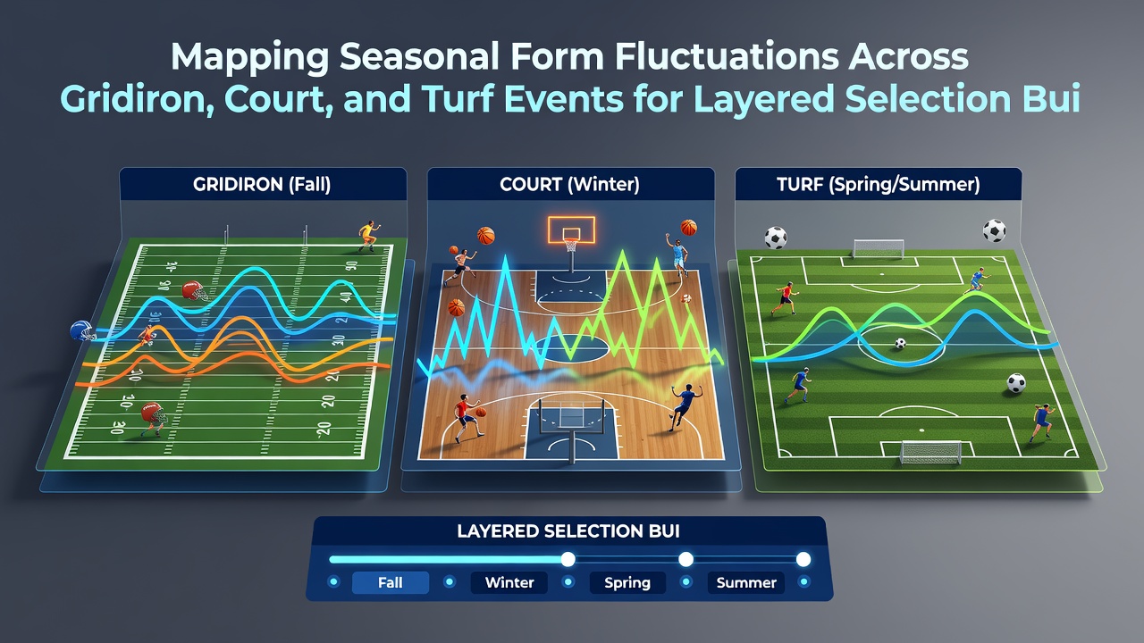 Data visualization of layered selection builds combining gridiron, court, and turf performance metrics