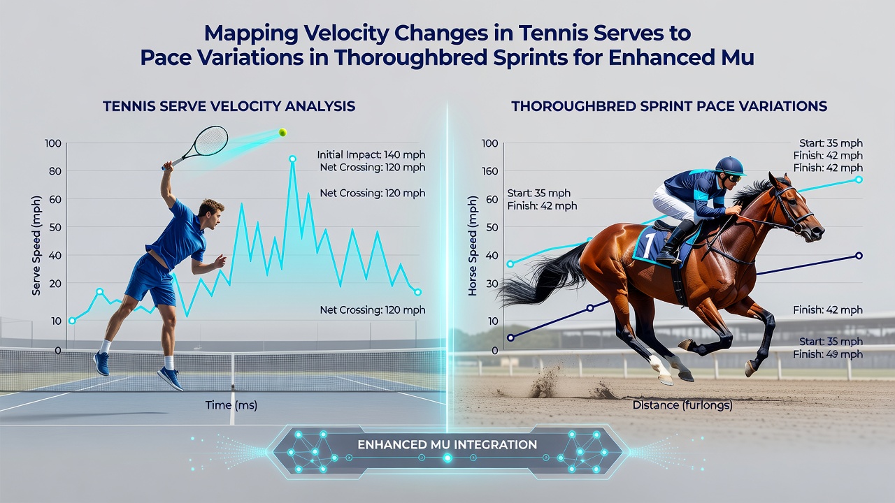 Split-screen comparison of tennis serve speed graphs and thoroughbred sectional timing charts used in multi-bet modeling