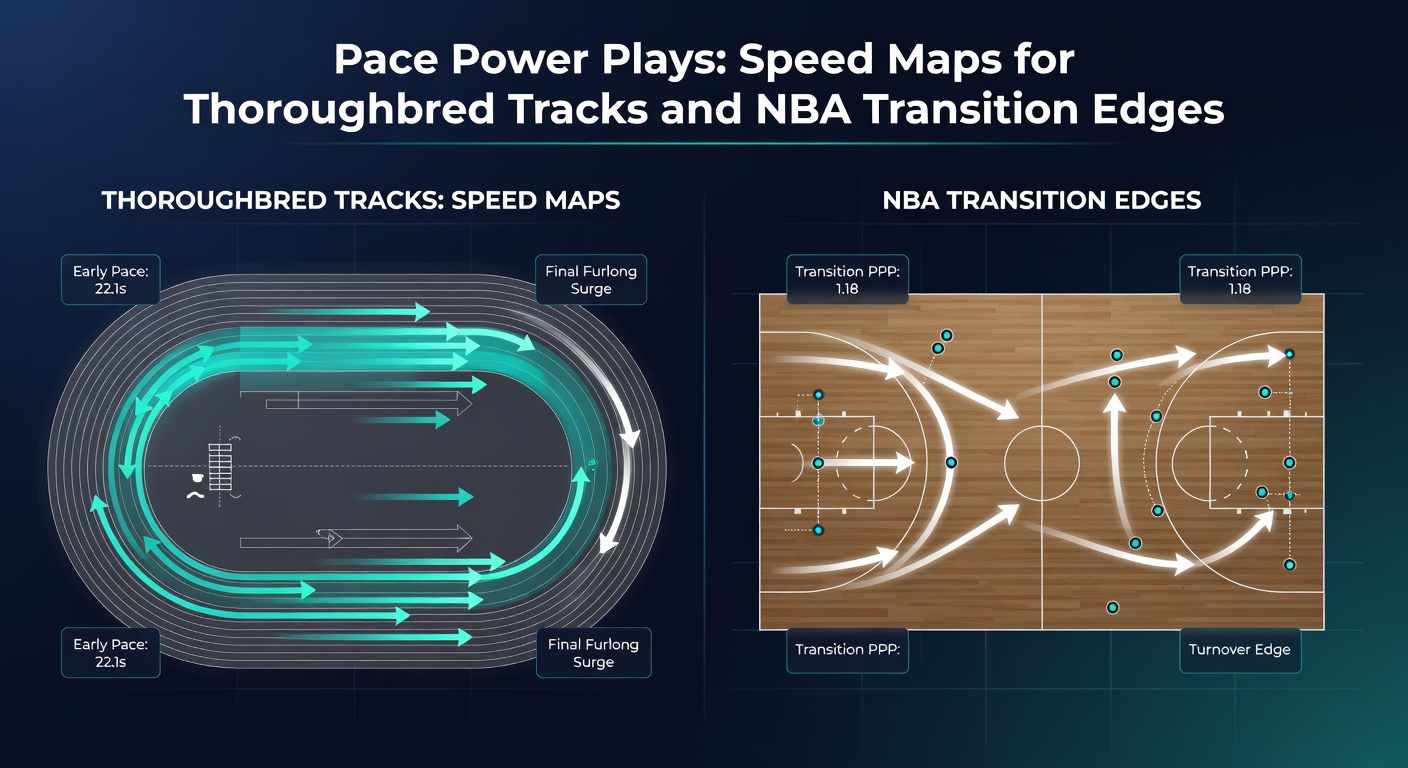 NBA players in fast transition, breaking downcourt with defenders trailing, illustrating transition scoring opportunities