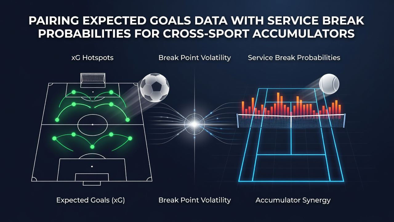 Infographic showing linked accumulator legs between soccer xG values and tennis service break odds