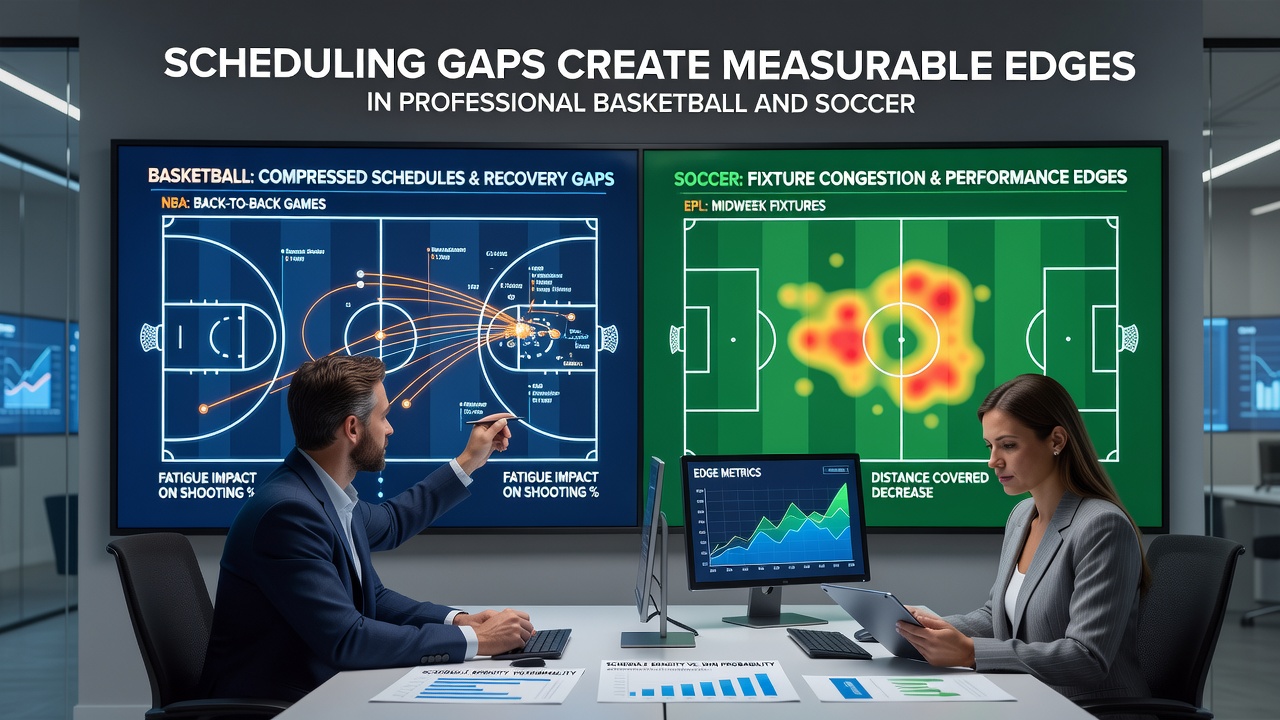 Soccer players on the pitch during a congested fixture period with coaches analyzing recovery data on tablets