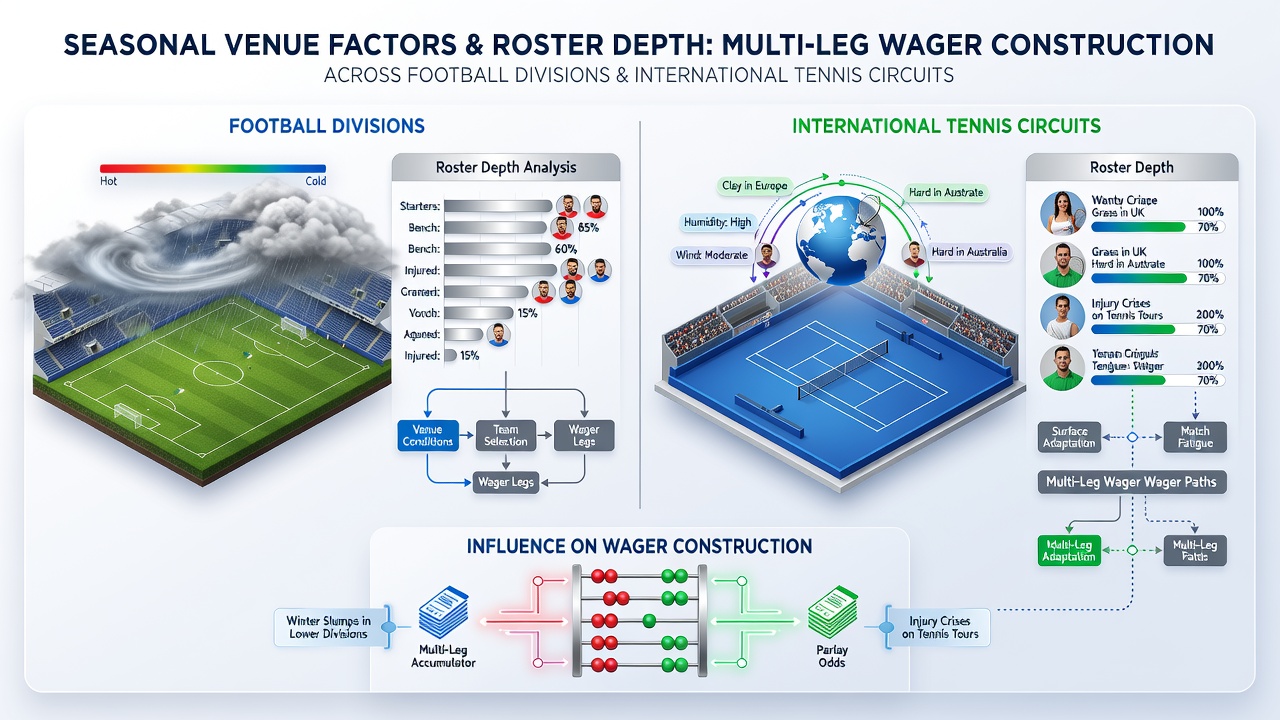Football pitch under seasonal rain with players adapting to conditions, illustrating venue factors in betting analysis