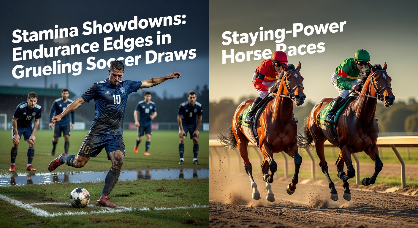 Soccer players locked in a tense, rain-soaked draw on a muddy pitch, highlighting the grueling endurance battle