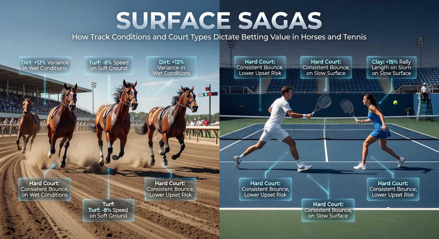 A horse galloping on a muddy track next to a tennis player sliding on clay court, highlighting surface impacts in betting