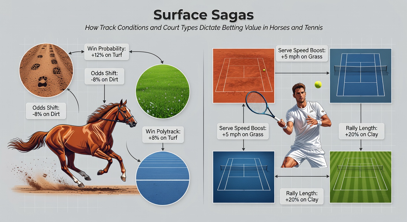 Close-up of tennis ball on clay court beside horse hooves kicking up turf, symbolizing surface-driven betting strategies