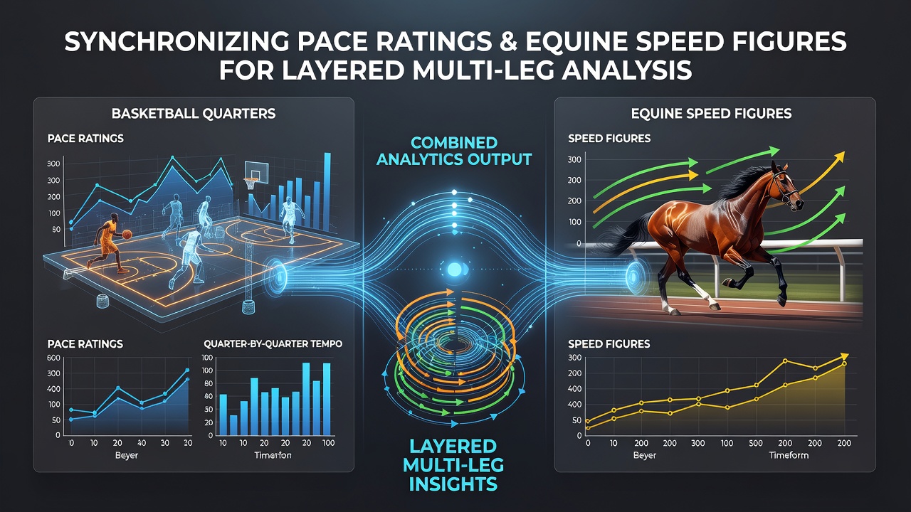 Split screen showing basketball analytics dashboard and horse racing speed figure tables side by side