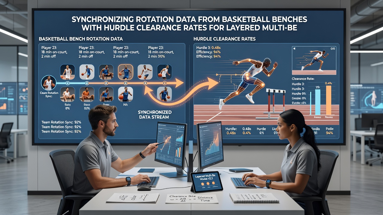 Data visualization dashboard showing synchronized basketball rotation and hurdle clearance statistics for accumulator layering