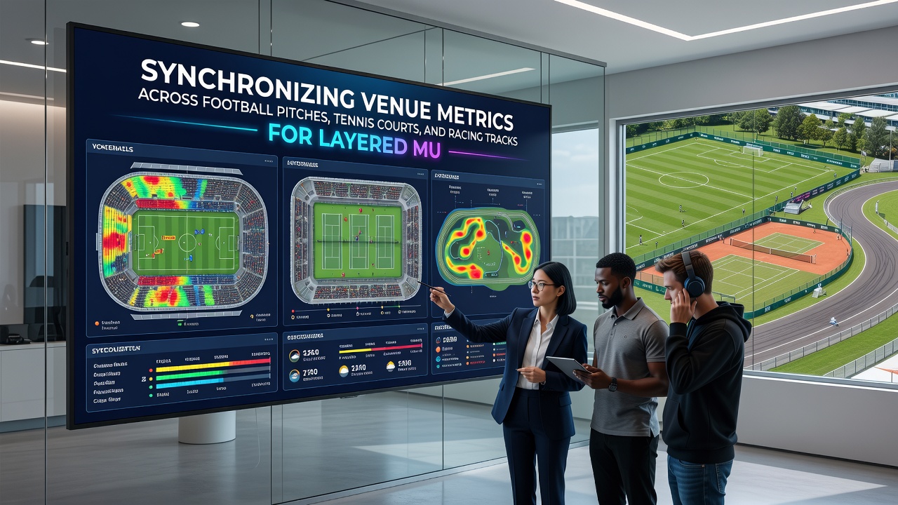 Integrated analytics dashboard displaying synchronized metrics from football pitch, tennis court, and racing track venues