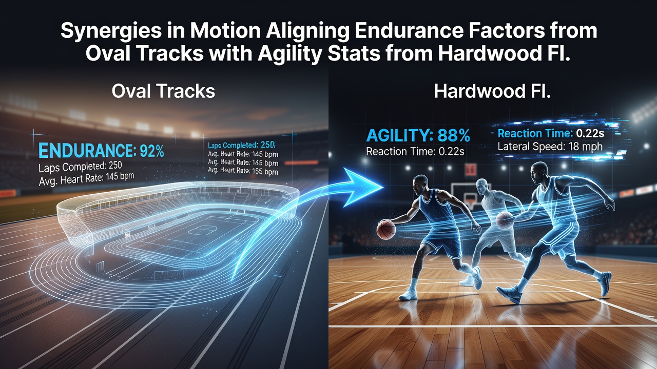 Split-screen graphic showing endurance splits from an oval racetrack next to agility heat maps from a basketball court