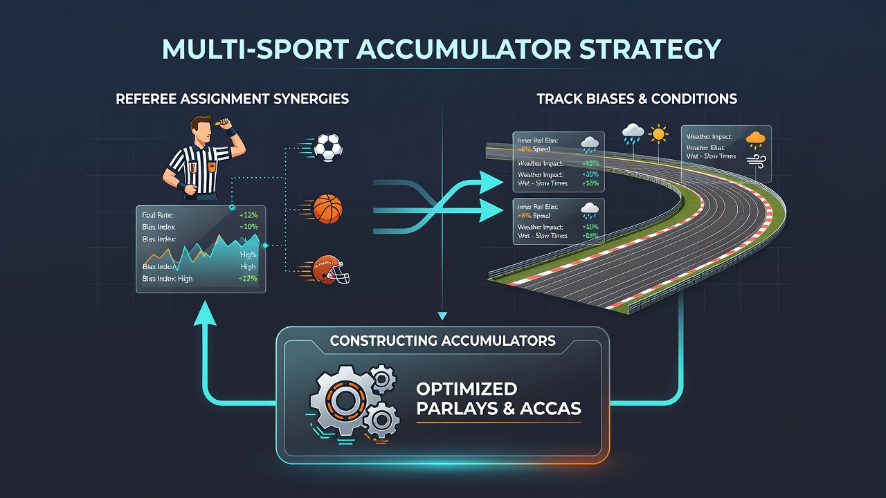 Multi-sport accumulator construction example showing referee and track data overlays