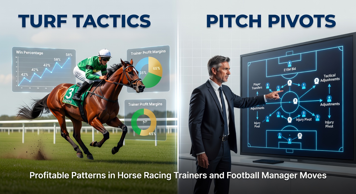 Horse racing trainer discussing tactics with jockey on turf track under sunny skies, alongside a football manager gesturing animatedly on the pitch sideline