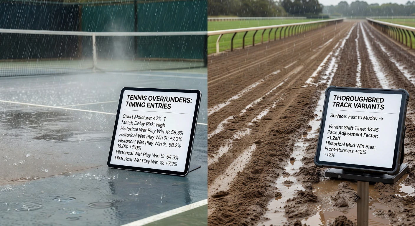 Tennis court under changing weather conditions with visible surface variations and forecast overlays