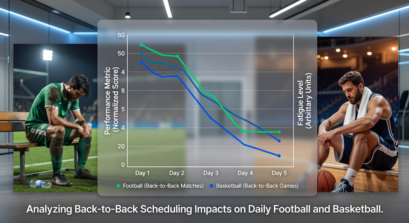 Detailed comparison charts showing performance dips in back-to-back football and basketball fixtures